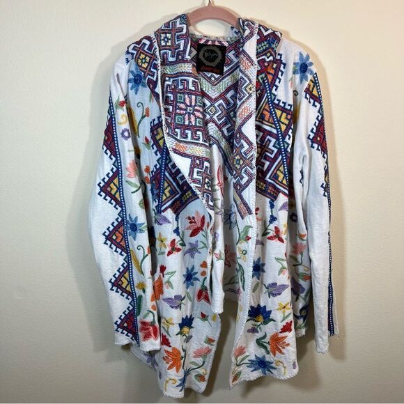 Johnny Was Biya Embroidered Hooded Cardigan White Floral Large Women’s - Picture 1 of 15